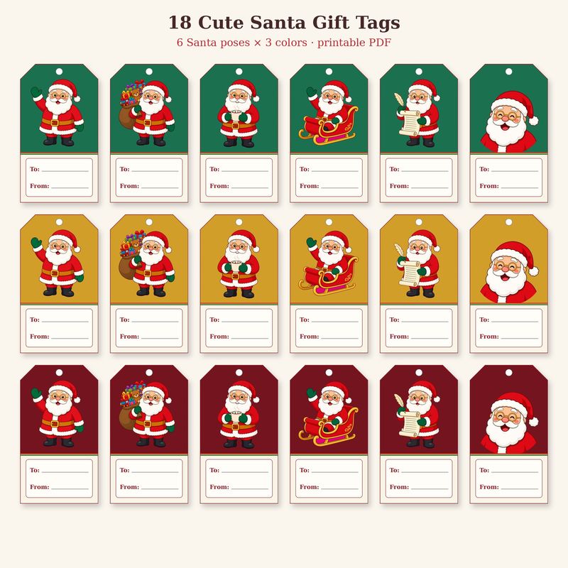 Simple Santa Gift Tags printable, 18 tags