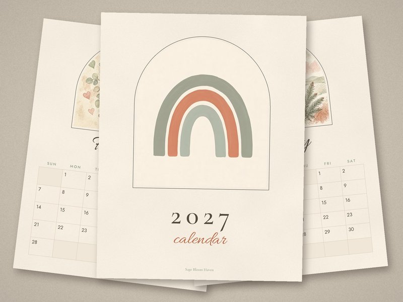 2027 Boho Printable Calendar with illustrated monthly pages, Letter and A4 PDF